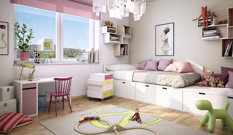 chambre d’enfant -fille lit-rangements-tapis-gris-clair-meuble-bureau-blanc-rose
