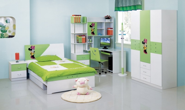 chambre d'enfant fille-blanc-vert-décoration-Minnie-Mouse