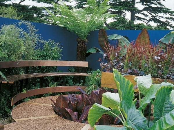clôture de jardin peinte-bleu-plantes-luxuriantes-palmier