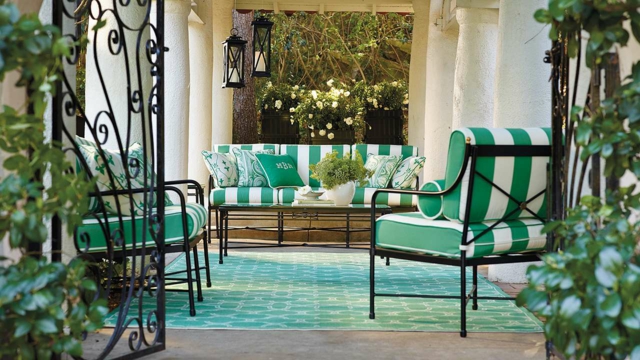 coin-terrasse salon de jardin mobilier-métal-rayure-vert-blanc