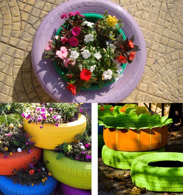 déco-jardin-pneus-recyclés-peints-mini-jardin