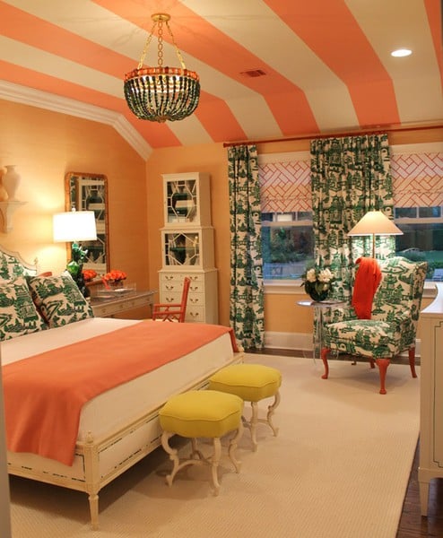 décoration-chambre contemporaine rayure-plafond-coral-pastel-blanc