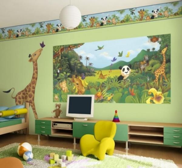 décoration chambre enfant animaux-jungle-savane-vert-ocre