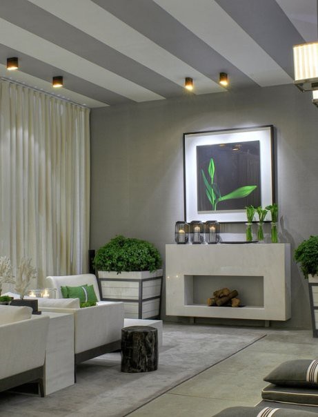 décoration-salon-contemporaine-rayure-grise-plafond-accents-verts