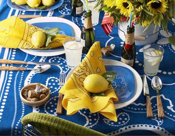 décoration  fête de jardin-serviette-jaune-nappe-bleu