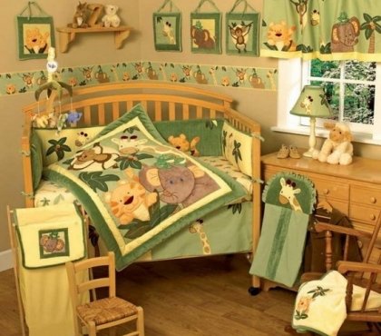 design-chambre-enfant-animaux-vert-ocre-jaune