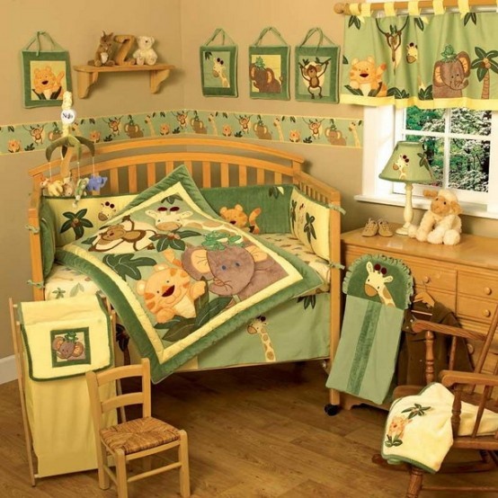 design-chambre-enfant-animaux-vert-ocre-jaune