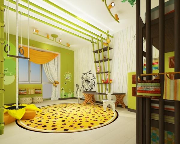 design-chambre-enfant-décoration-jungle-vert-jaune
