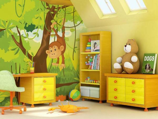 design-déco-murale-chambre-enfant-animaux-jungle-vert-jaune