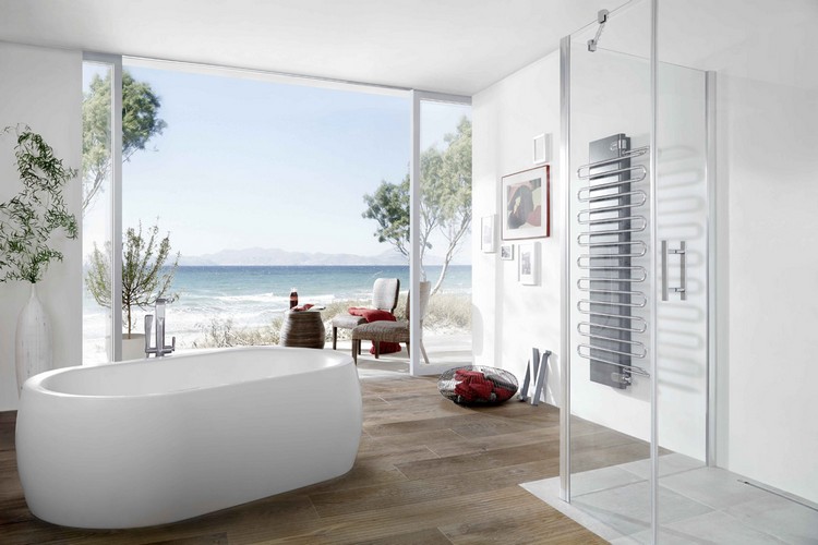 design de la salle de bain -carrelage-sol-bois-cabine-douche-baignoire-ilot-baie-vitree
