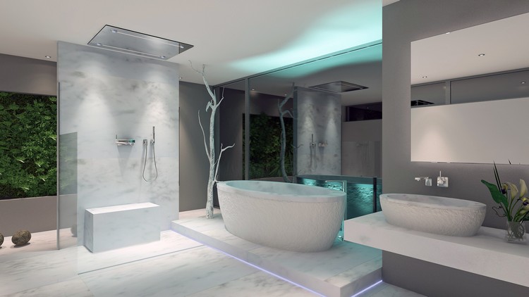 design de la salle de bain -eclairage-indirect-turquoise-carrelage-imitation-marbre
