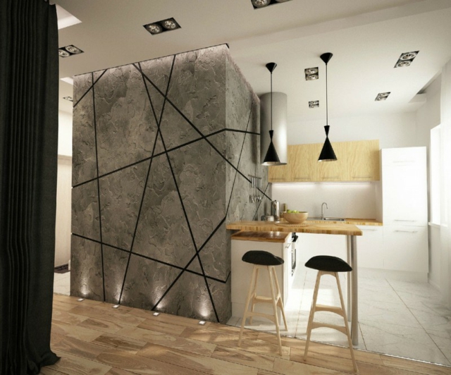 design revêtement mural pierre-forme-asymétrique-lampes-noirs-parquet-stratifié