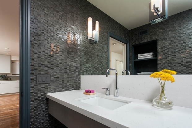 design de la salle de bain luxe-enduit-relief-noir-lavabo-blanc