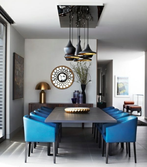 design salle à manger moderne chaises-bleues-table-bois