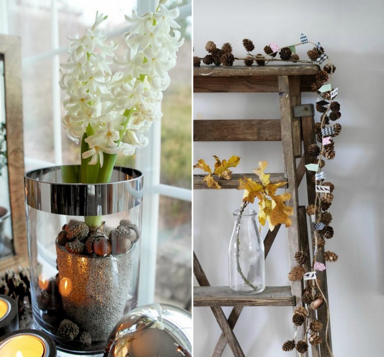 déco d’automne DIY -vase-verre-jacinthe-glands-guirlande-pommes-pin-glands