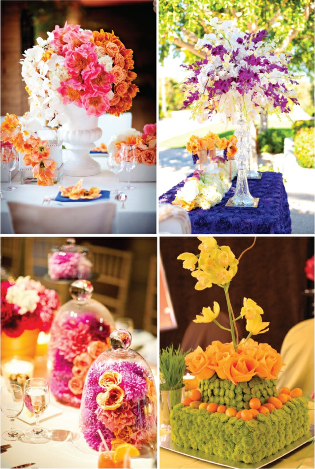 déco florale de table bouquets-couleurs-vives-oranges-jaune-violets