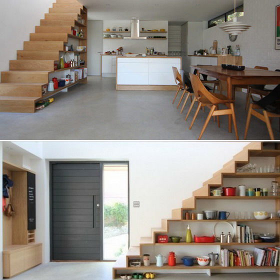 escalier-espace-stockage-cuisine-étagère 