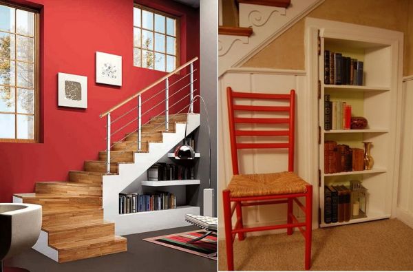 espace-stockage-escalier-étagère-bois espace de stockage sous l'escalier