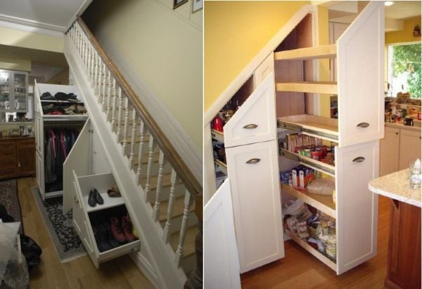 espace-stockage-escalier-tiroirs-chaussures espace de stockage sous l'escalier