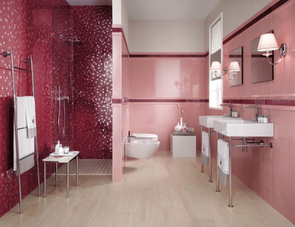 faïence murale rose-salle-de-bains-moderne