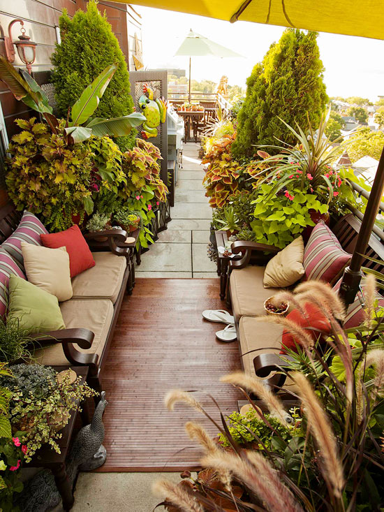 terrasse-plantes-luxuriantes-parasol-mobilier-bois