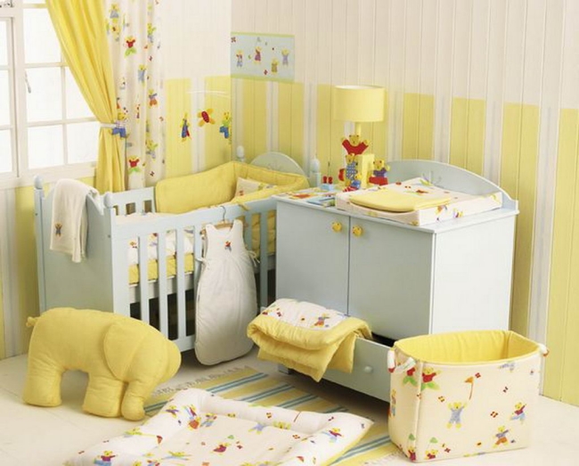 idée-chambre-de-bébé-moderne-couleur-jaune-lit-commode-blanc