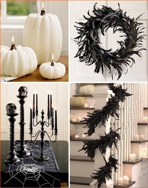 idée-originale-décoration-d'Halloween-couronne-porte-noir-guirlande-bougeoirs