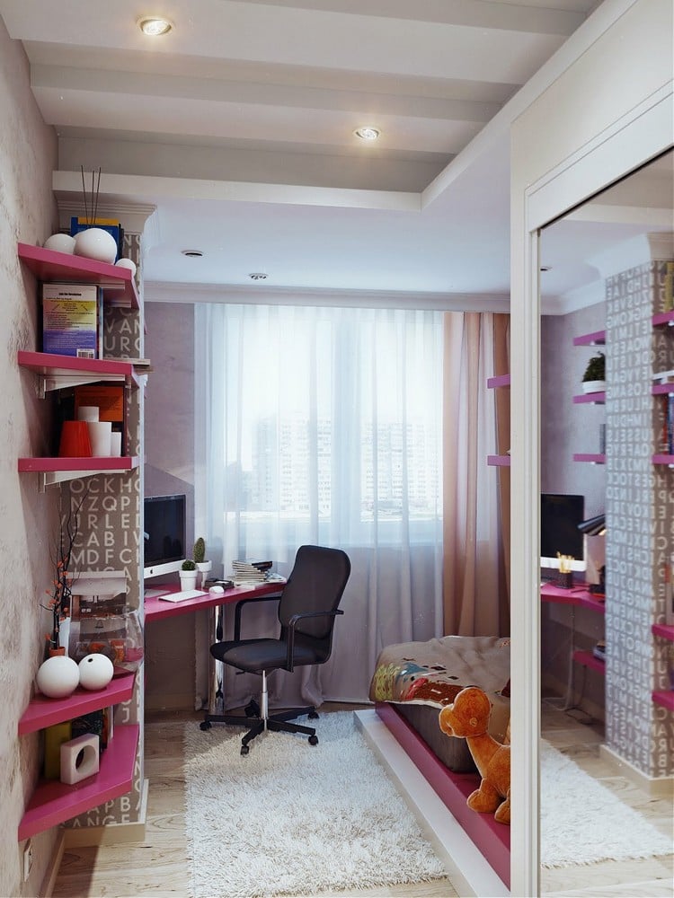 idées pour la chambre d’ado -fille-etageres-murales-rose-papier-peint-lettres-tapis-shaggy-blanc