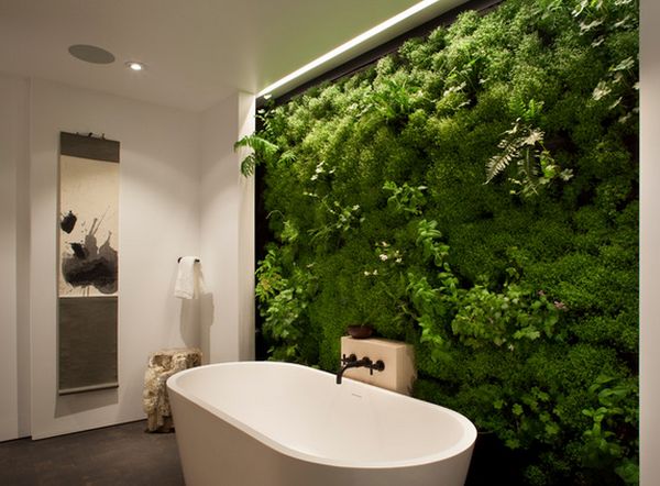 mur-plantes-vertes-salle-bains plantes dans la salle de bains