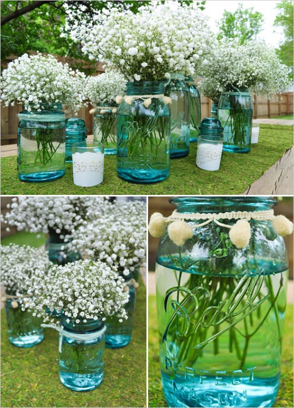 pot-confiture-bleu-vases-fleurs-gypsophile pots de confiture décoratifs