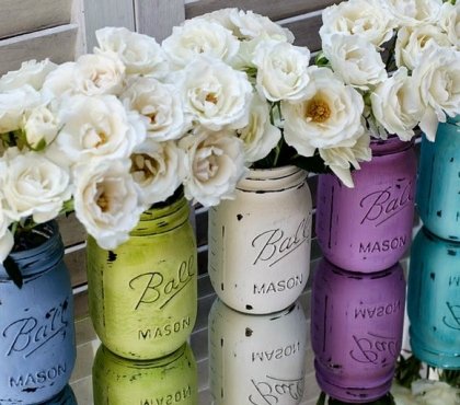 pots de confiture décoratifs -peinture-acrylique-bouquets-roses-blanches