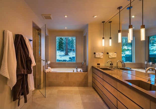 salle-bain-couleurs-accueilliantes-neutres-bois-éclairage-suspendu-encastré