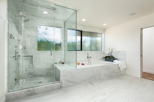 salle-bain-marbre-blanc-paroi-porte-cabine-douche-verre-transparent