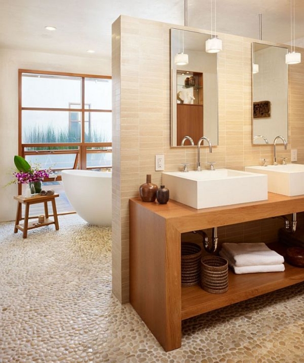salle-bain-moderne-couleurs-chaudes-double-lavabo-éclairage-suspendu
