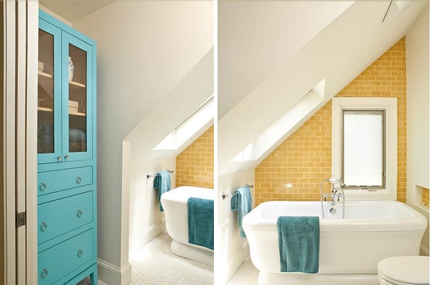 salle-bains-claire-peinte-jaune-turquoise-baignoire salle de bains sous les combles