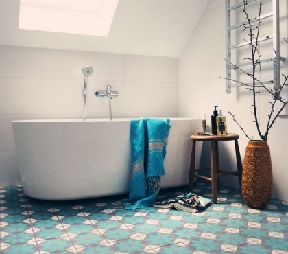 salle-bains combles carrelage-imitation-carreaux-ciment-baignoire-ilot-ovale