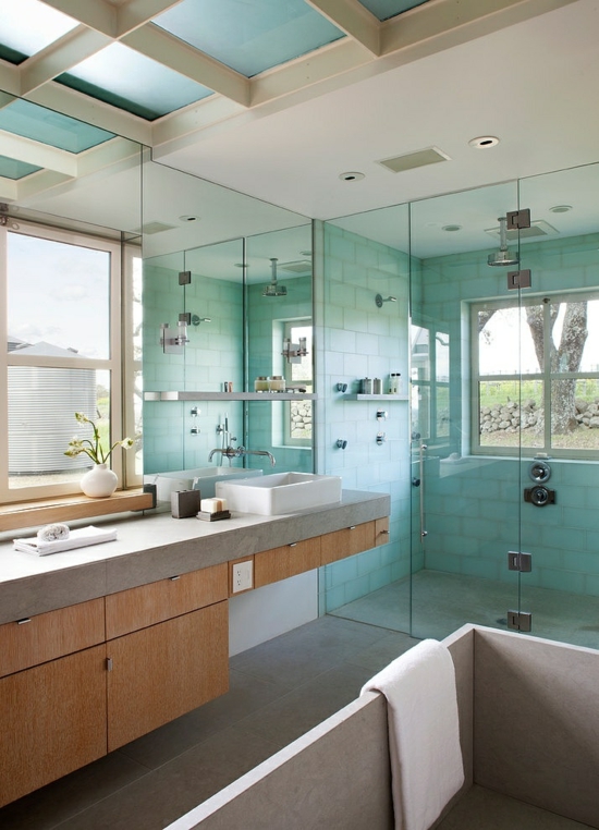 salle de bains moderne vert-clair-armoire-bois-solide