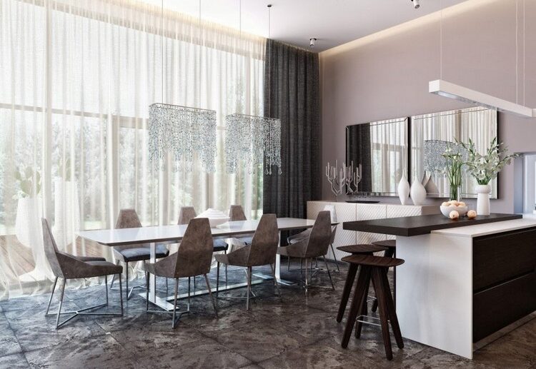 salle à manger moderne -chaises-design-lustres-pampilles-carrelage-imitation-pierre