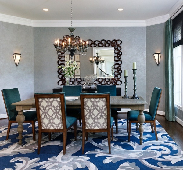 salle à manger moderne couleur-bleue-miroir-forme-originale