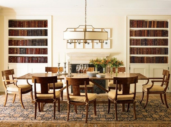 salle à manger moderne table-bois-bibliothèque