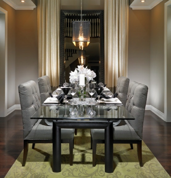 salle à manger moderne table-verre-chaises-grises