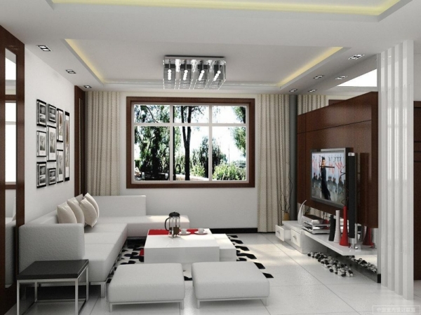 salon-moderne-blanc-écran-plasma-canapé-grand-table-design