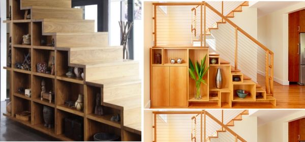 stockage-espace-escalier-étagère-bois espace de stockage sous l'escalier