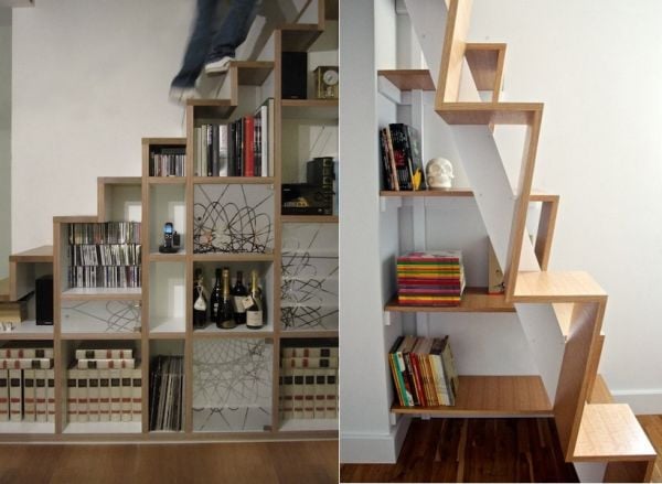 stockage-espace-escalier-étagères-bois espace de stockage sous l'escalier