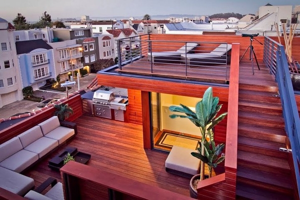 terrasse sur toit moderne deux-étages-escalier-bois