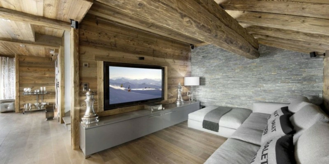 aménagement de salon meuble-TV-revêtement-murale-bois