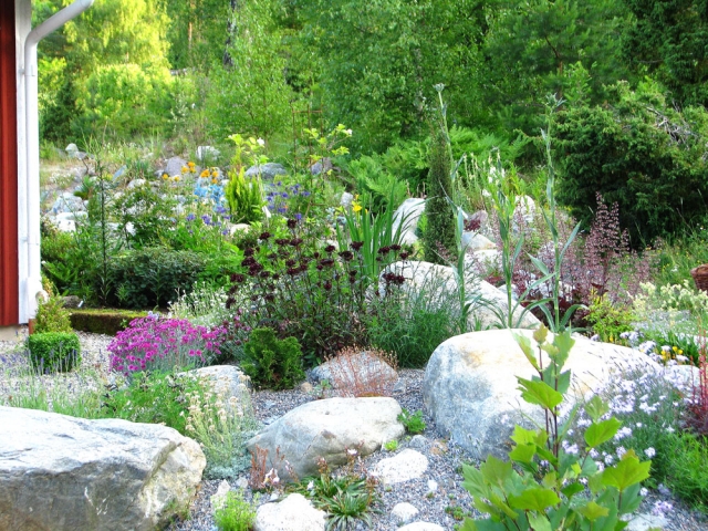 aménagement jardin de rocaille grandes-pierres-végétation