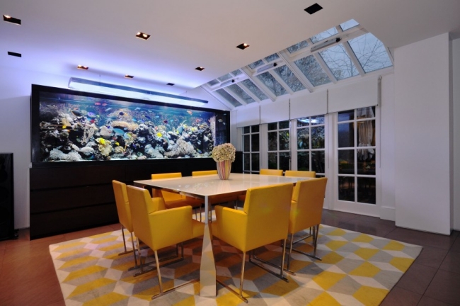 aquarium-intégré-salon-idées-grand-bois-sombre aquarium dans le salon