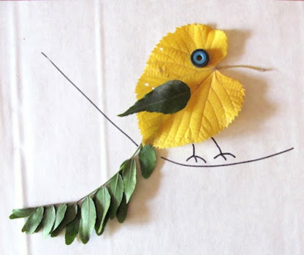bricolage pour enfants collage-oiseau-super-feuilles-sèches