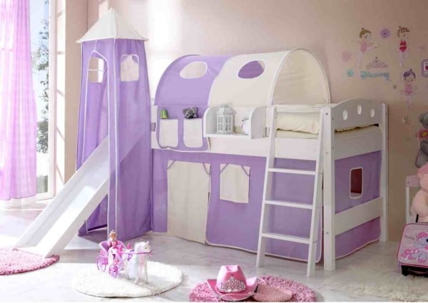 chambre pour enfant lit-mezzanine-toboggan-blanc-violet